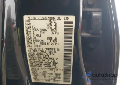 2001 Nissan Frontier Se-V6 z USA, uszkodzony, nr VIN 1N6ED27Y31C397279